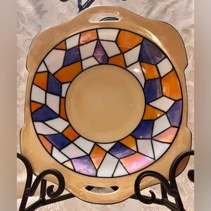 RS Germany VTG Art Deco Lusterware Geometric Mosaic Handled Small Serving Plate